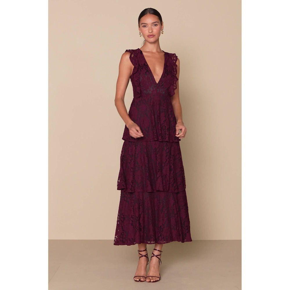 Lulus Whimsigoth Lace Tiered Maxi Dress Size 2X Burgundy V-Neck Ruffle Gown NWT